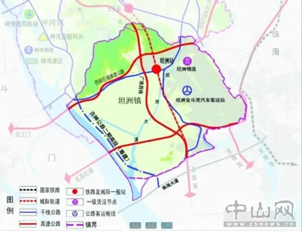 努力形成有4条高速公路经过,5个高速出入口,以及由坦洲快线,环洲路